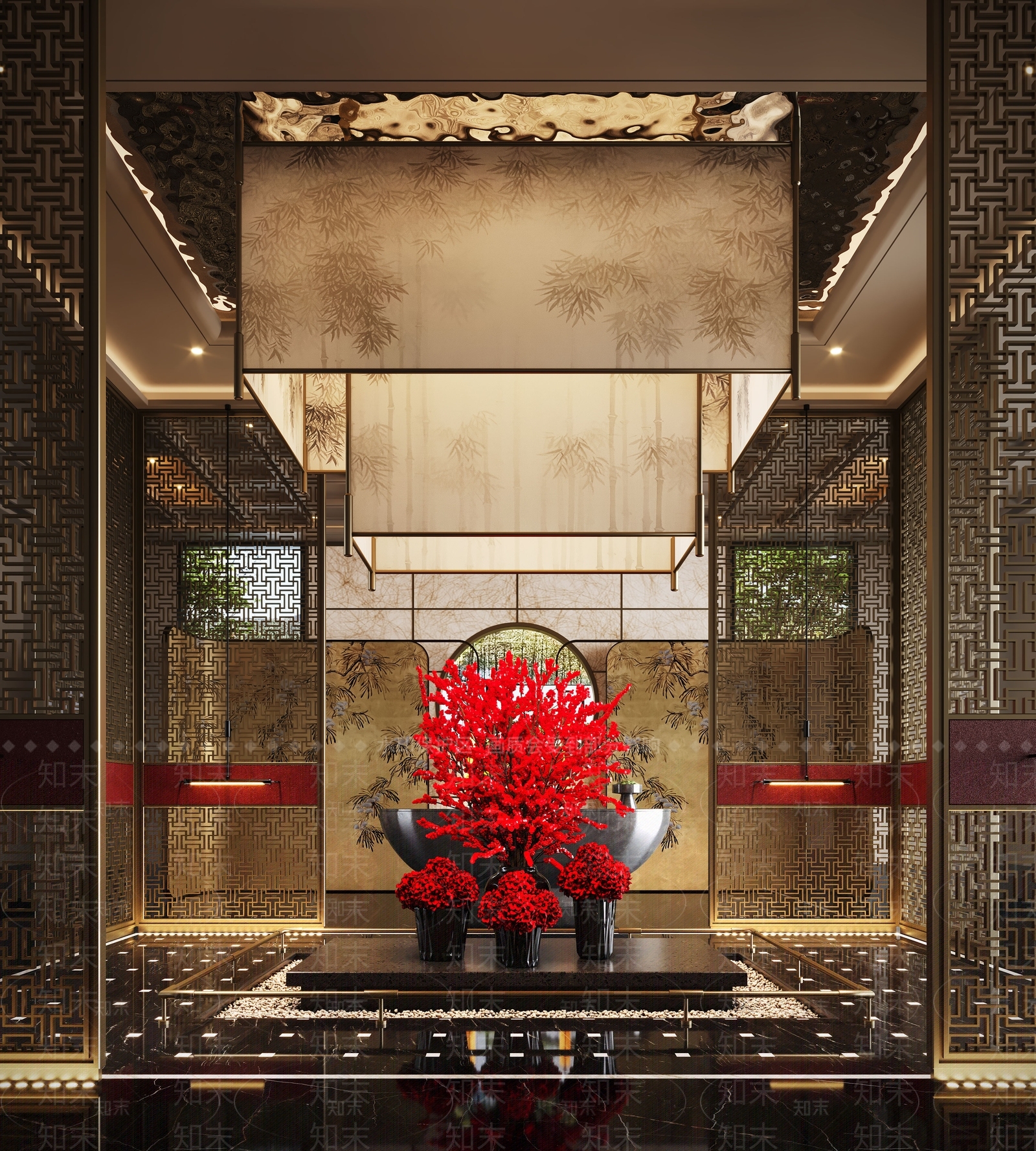 新中式酒店大堂SU模型下载【ID:1190471760】