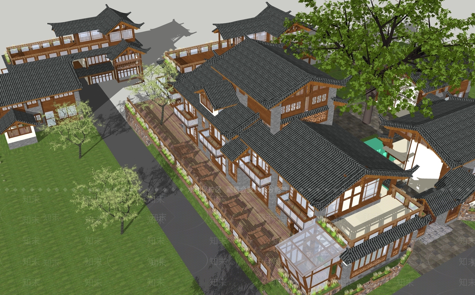 中式民宿建筑SU模型下载【ID:1190489387】