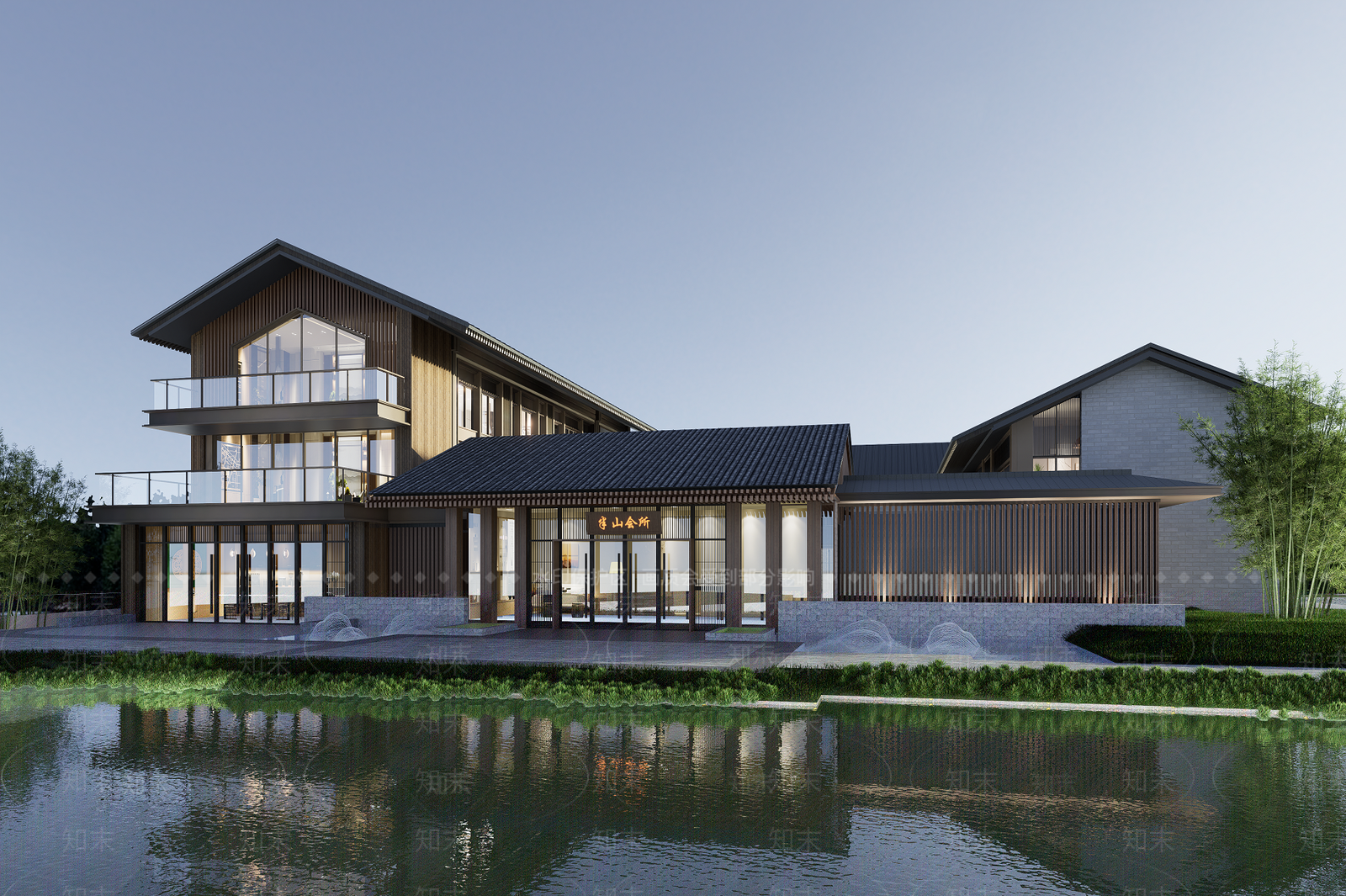 新中式中式酒店建筑SU模型下载【ID:1190495041】