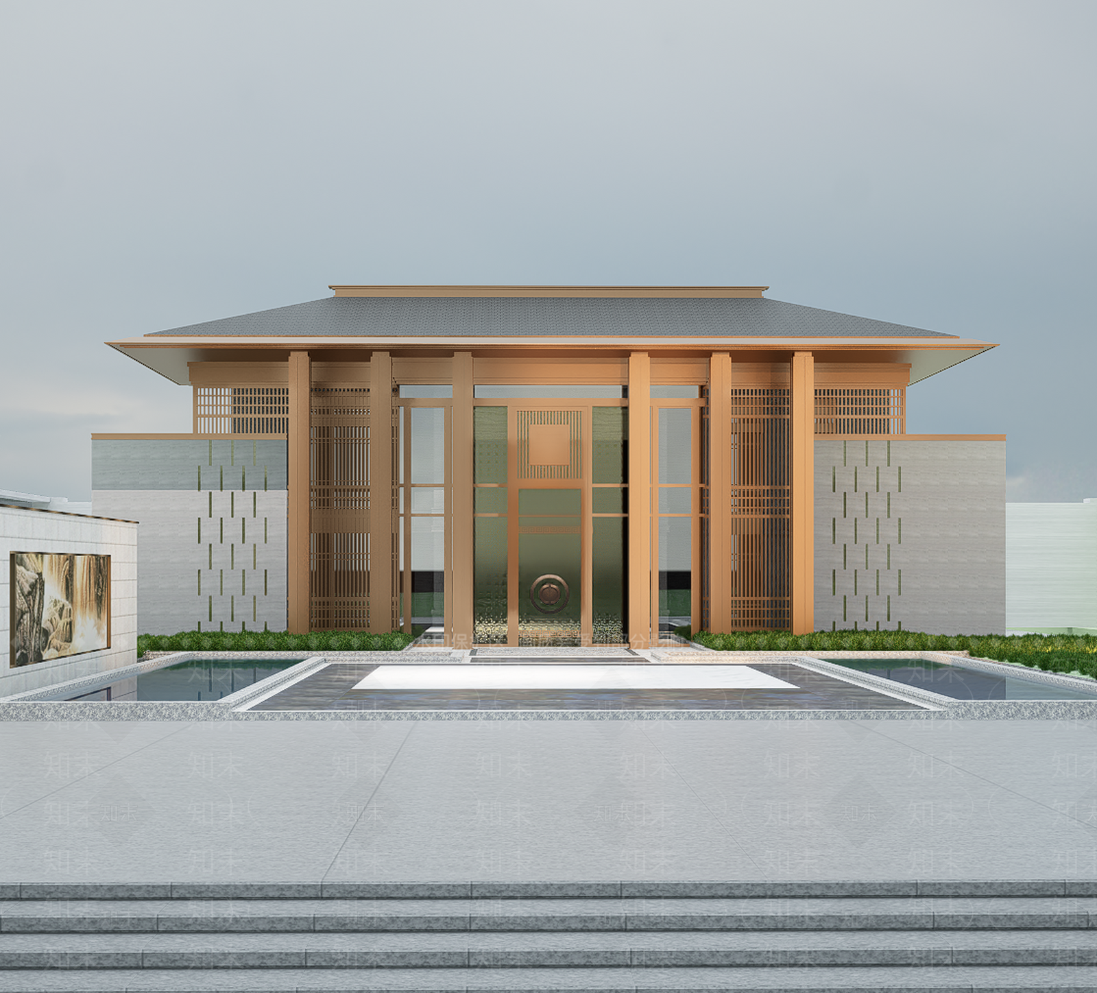 新中式中式售楼处建筑SU模型下载【ID:1190501397】