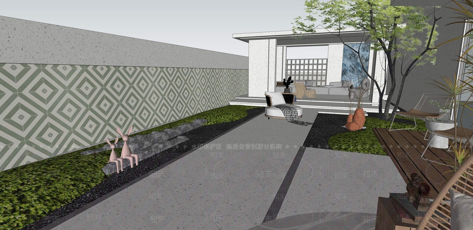 简约奶油别墅庭院SU模型下载【ID:1190515992】
