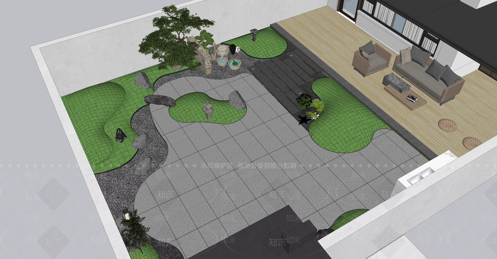 现代新中式别墅庭院SU模型下载【ID:1190550566】