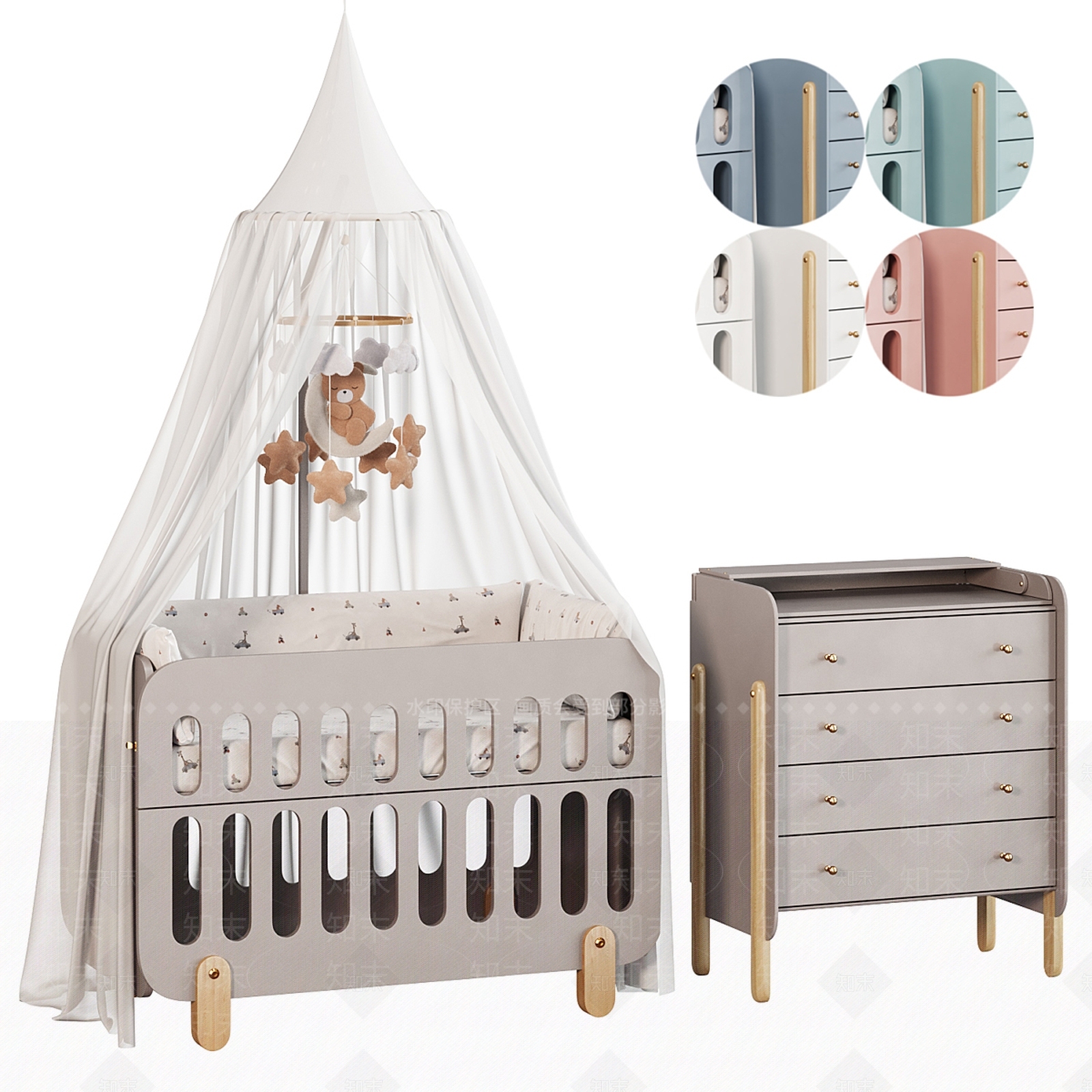 现代奶油婴儿床3D模型下载【ID:1190563642】