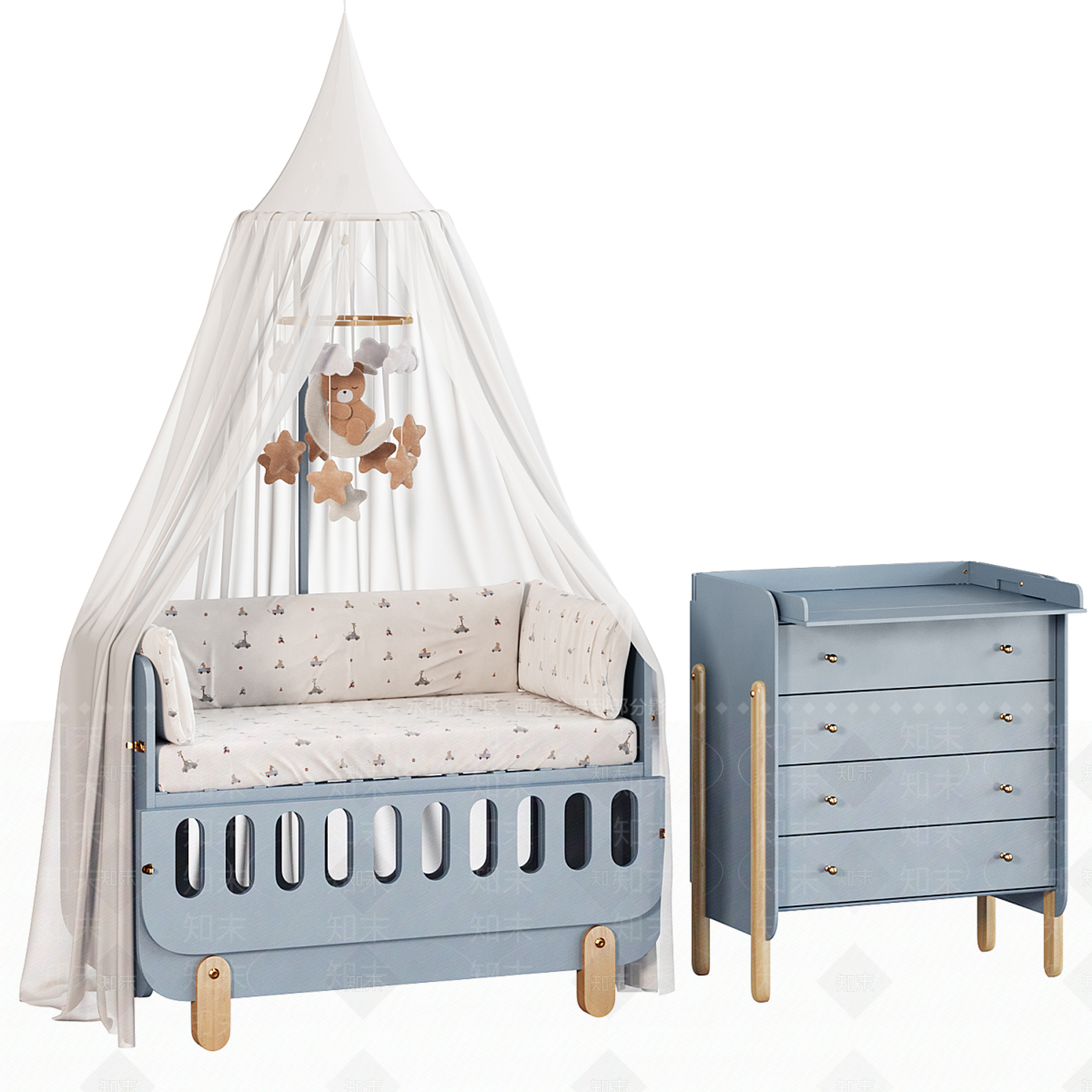 现代奶油婴儿床3D模型下载【ID:1190563642】