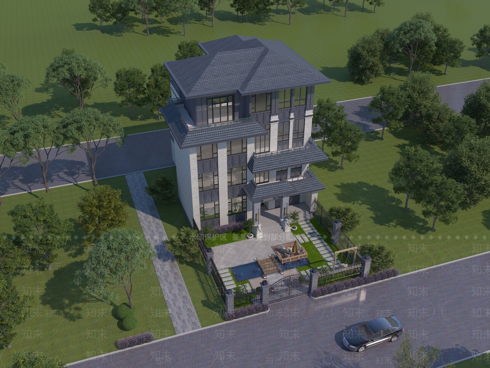 新中式别墅外观3D模型下载【ID:1190579290】