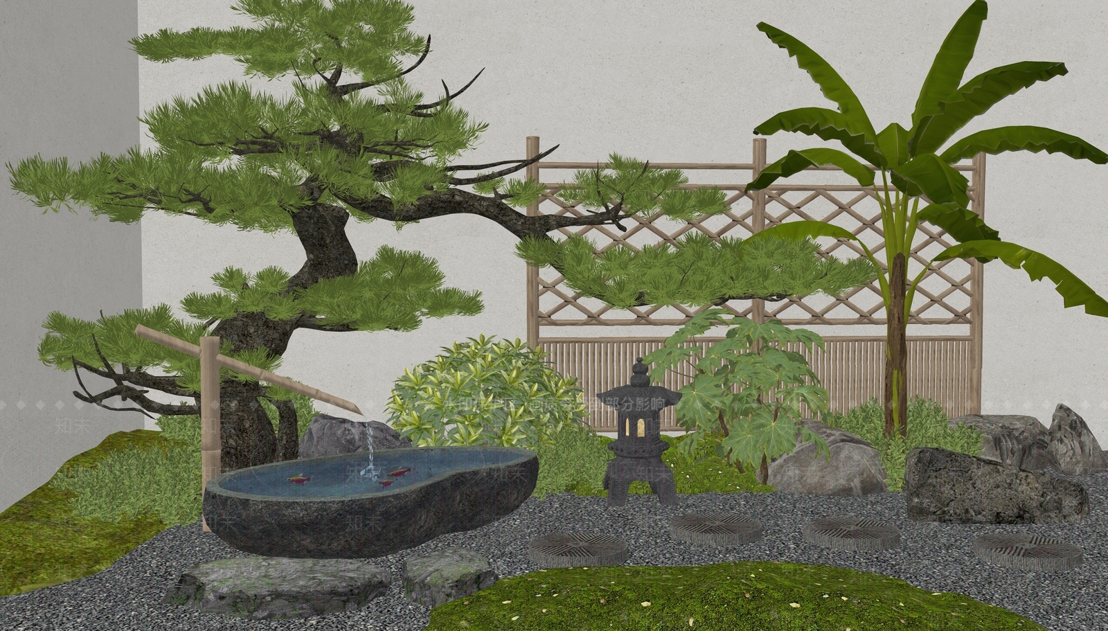 日式新中式水景SU模型下载【ID:1190643553】