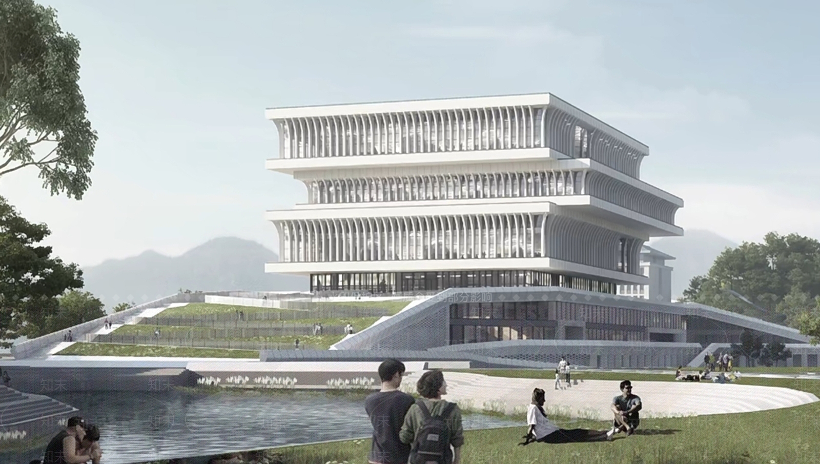 现代新中式图书馆建筑SU模型下载【ID:1190662634】