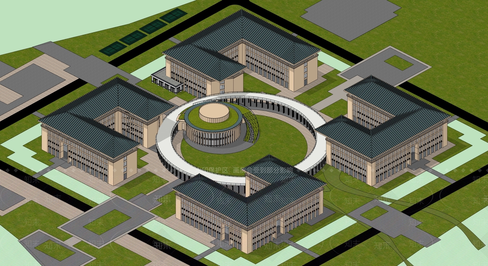 现代新中式学校建筑SU模型下载【ID:1190663795】
