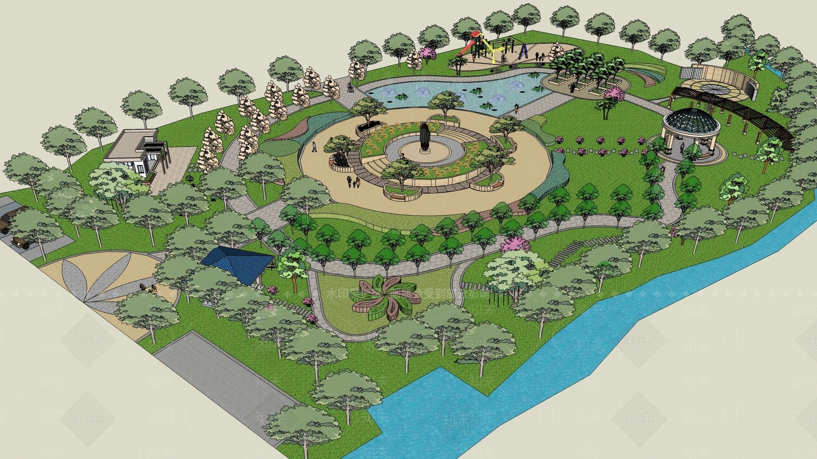 现代广场景观SU模型下载【ID:1190664029】