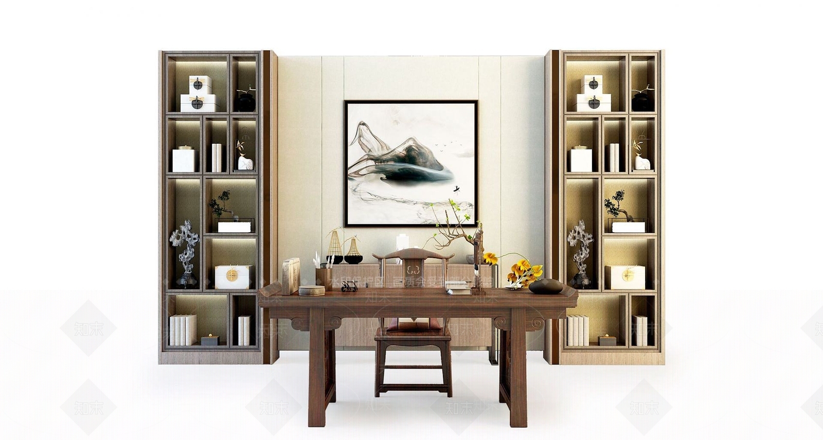 中式书桌椅饰品摆件3D模型下载【ID:1190678077】