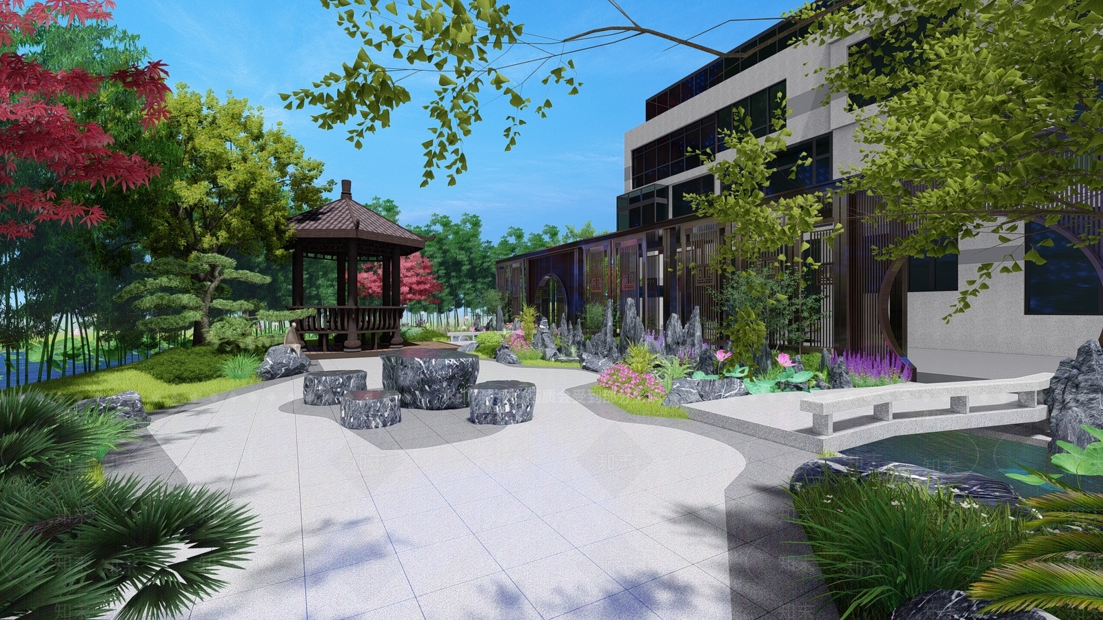 新中式现代别墅庭院SU模型下载【ID:1190696779】