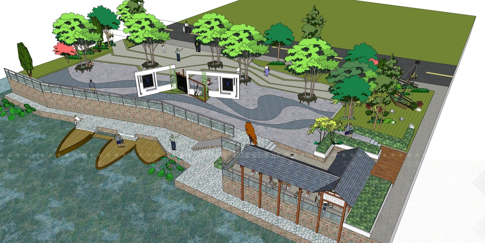 现代新中式滨水景观SU模型下载【ID:1190721913】