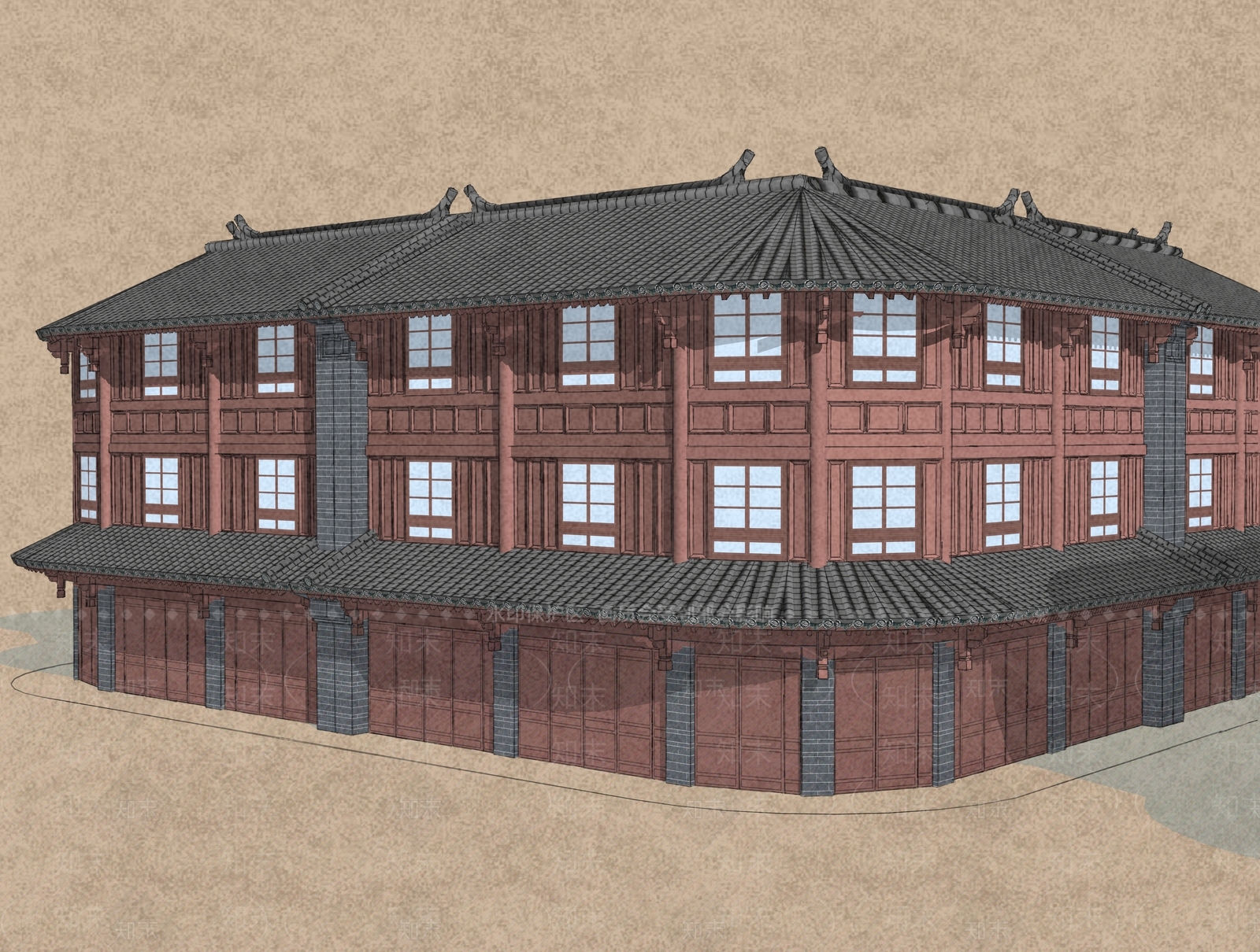 新中式中式商业街SU模型下载【ID:1190724814】