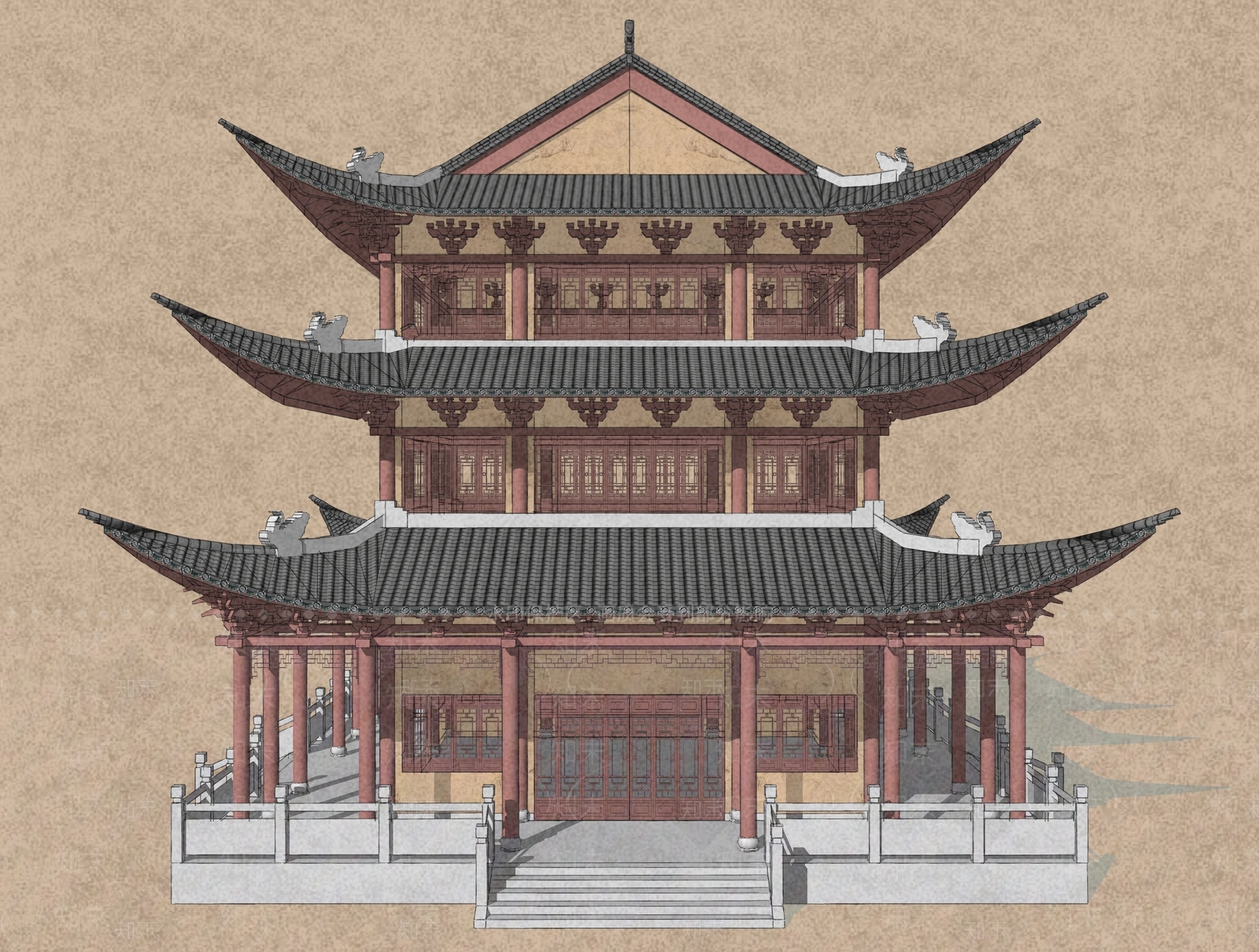 中式新中式古建筑SU模型下载【ID:1190727511】