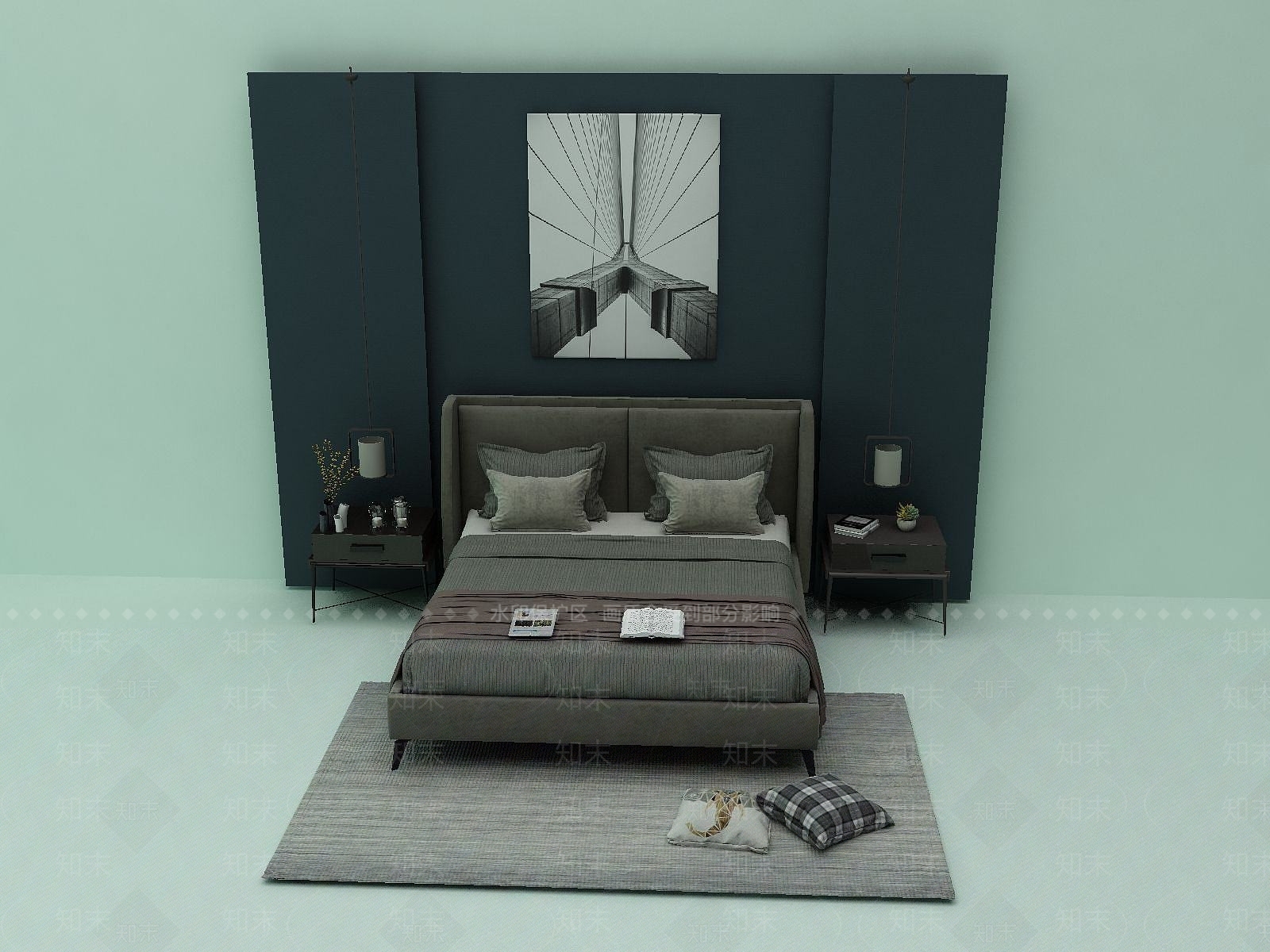 现代床及床头背景3D模型下载【ID:1190780702】