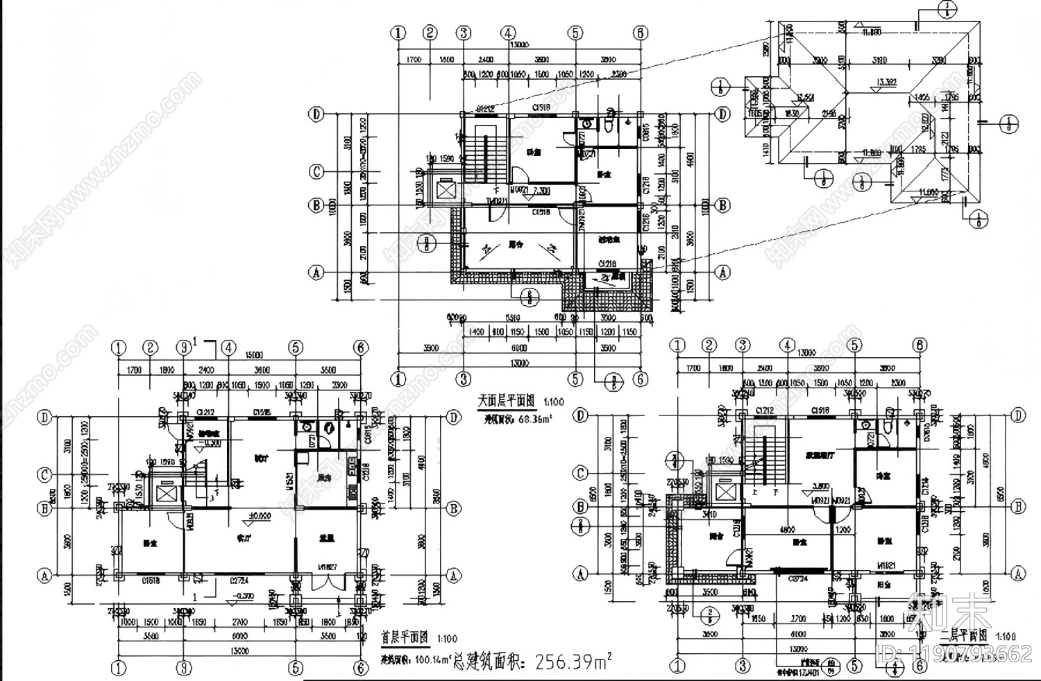 欧式复古别墅建筑施工图下载【ID:1190793662】