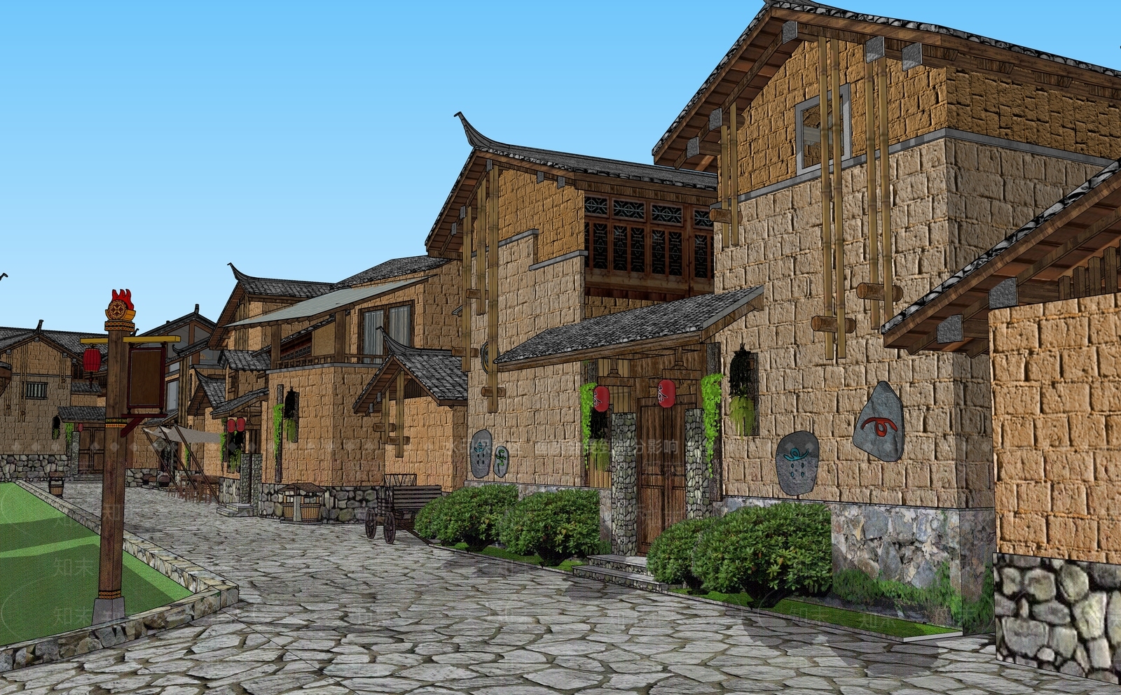中式民宿建筑SU模型下载【ID:1190816555】
