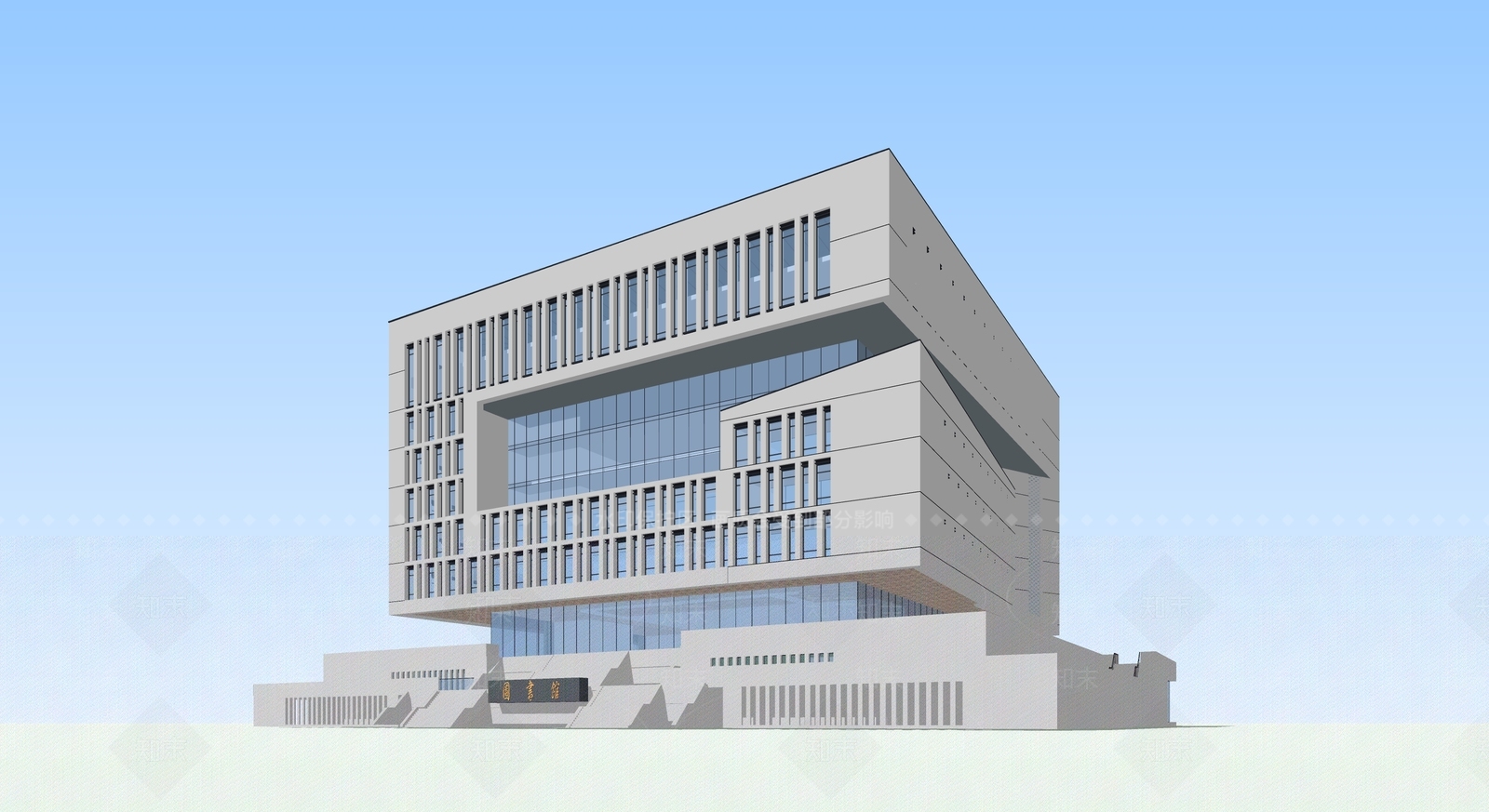 现代新中式图书馆建筑SU模型下载【ID:1190859278】