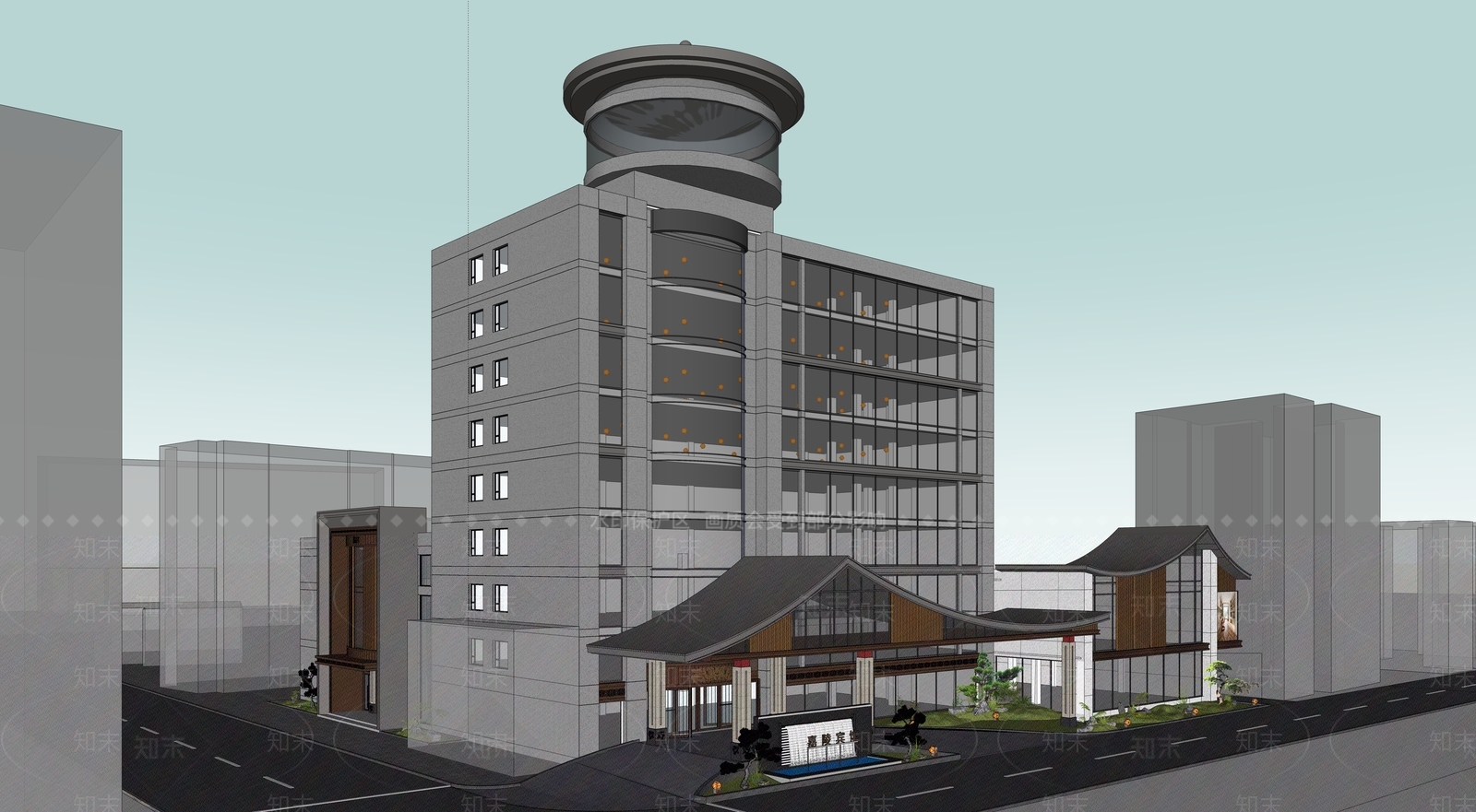 现代新中式酒店建筑SU模型下载【ID:1190842375】