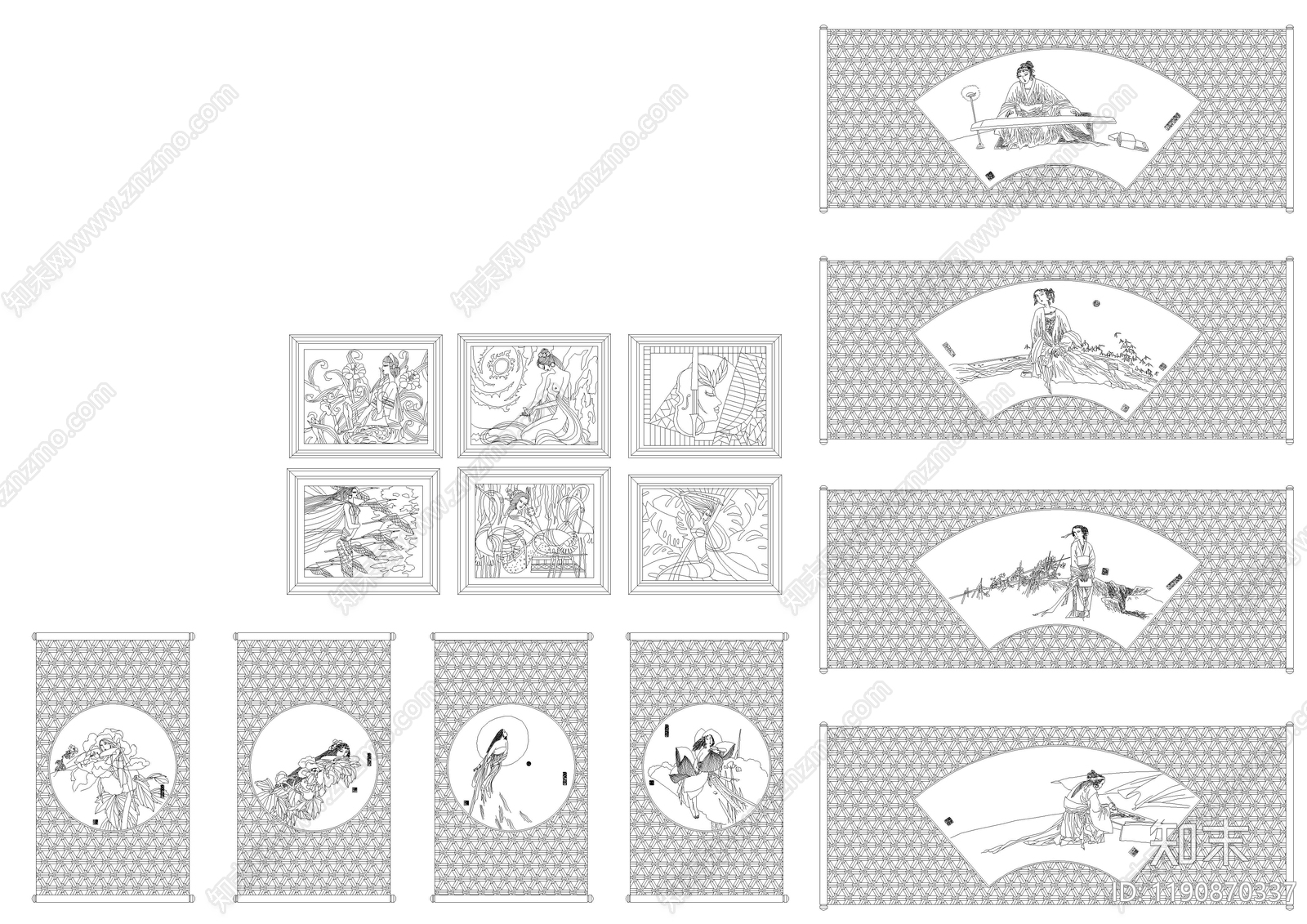新中式中式挂画施工图下载【ID:1190870337】