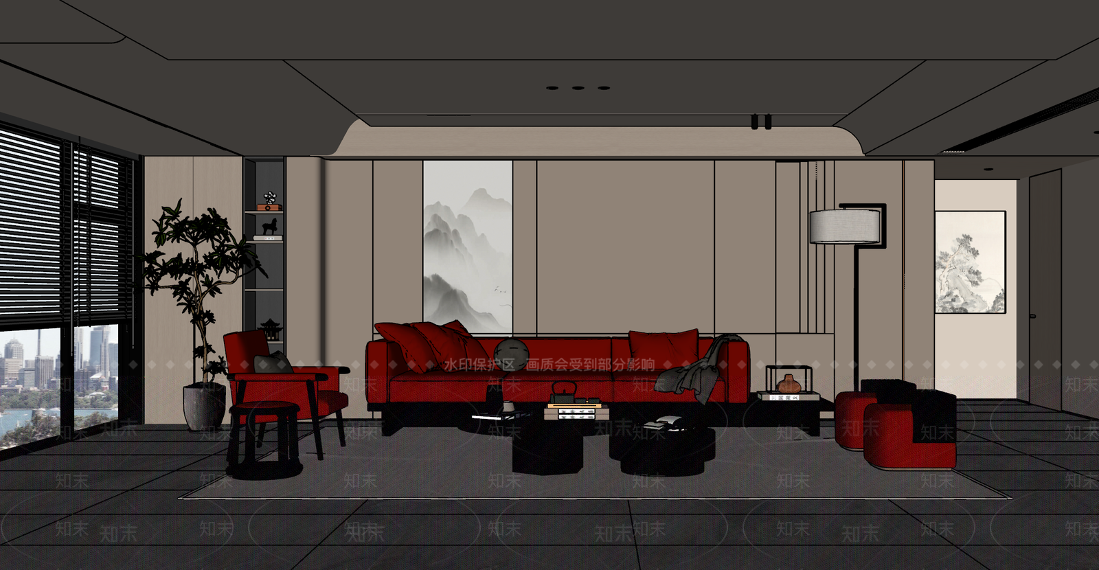 新中式极简别墅客厅SU模型下载【ID:1190898237】