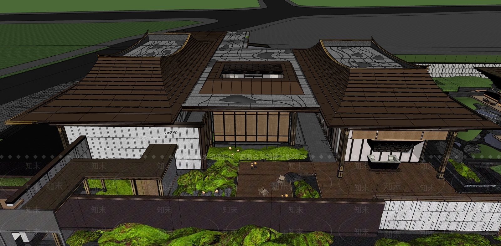 新中式简约售楼处建筑SU模型下载【ID:1190898628】