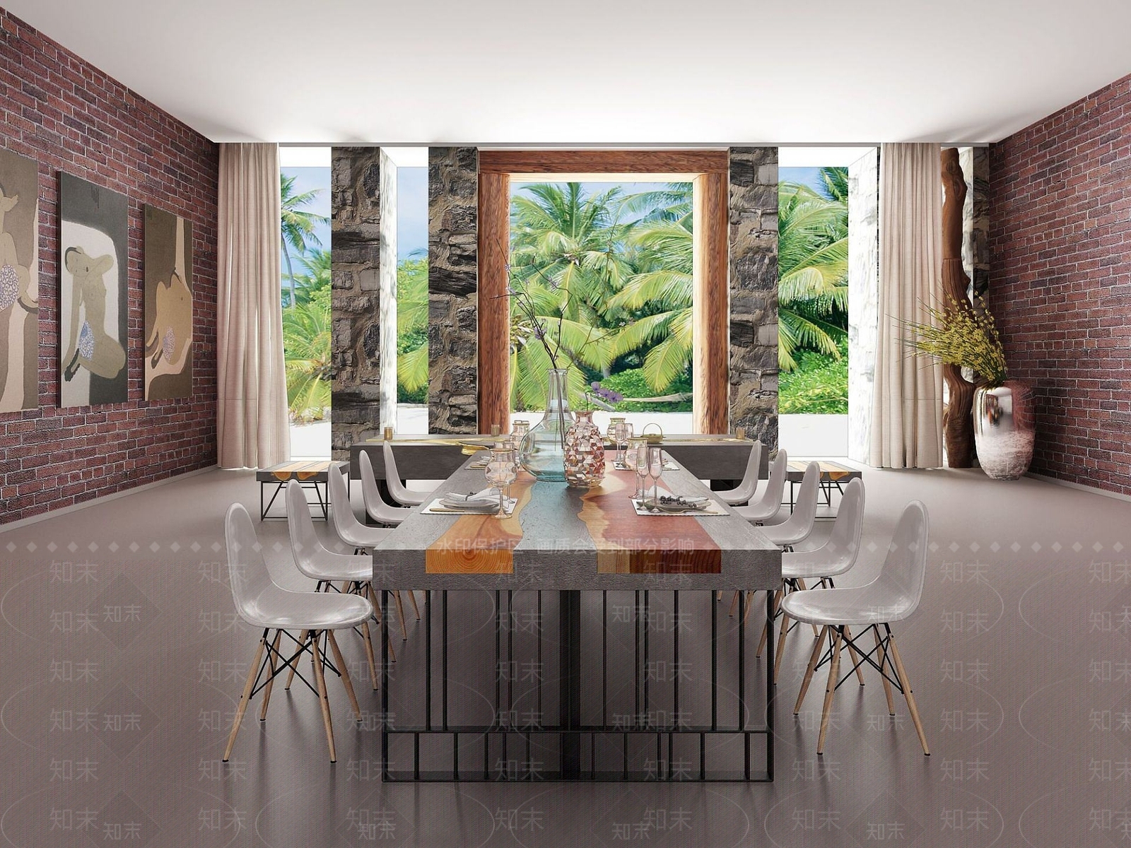 现代原木混凝土创意家具组合3D模型下载【ID:1190922177】