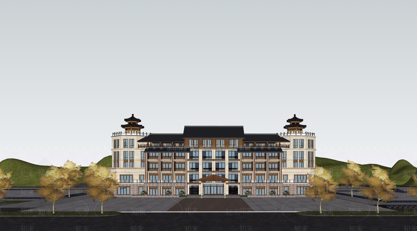 新中式中式酒店建筑SU模型下载【ID:1191014318】