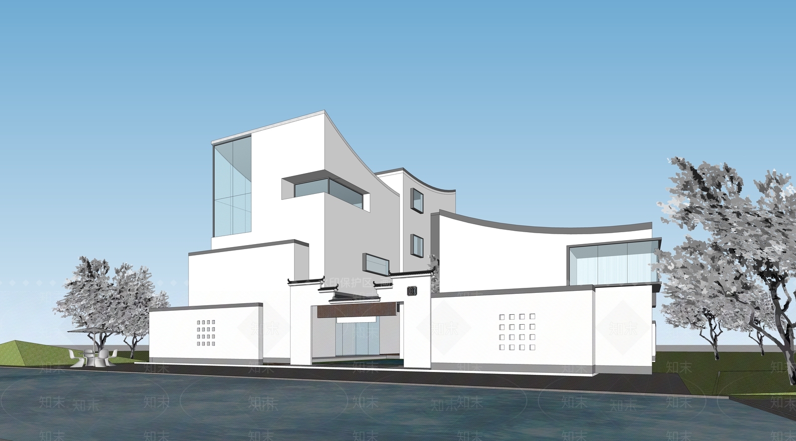 现代新中式民宿建筑SU模型下载【ID:1191074054】