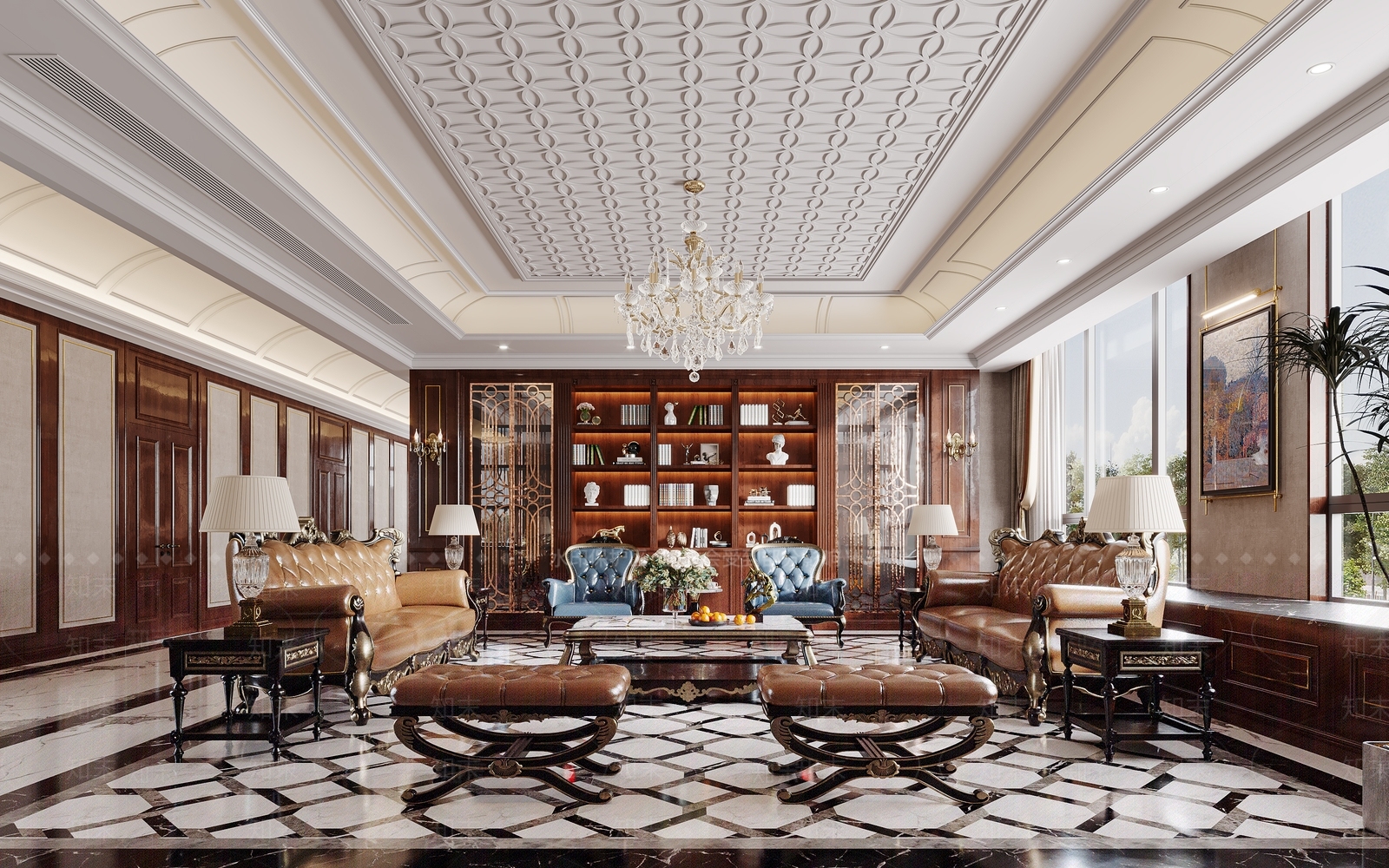 欧式美式别墅客厅3D模型下载【ID:1191154581】