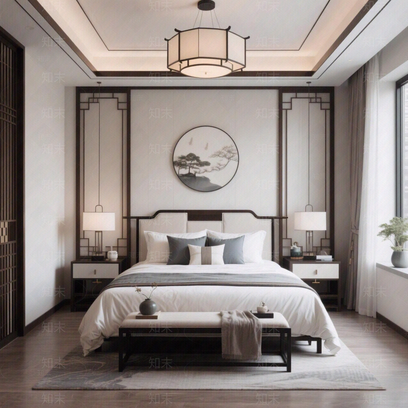 现代新中式卧室贴图下载【ID:1191211829】