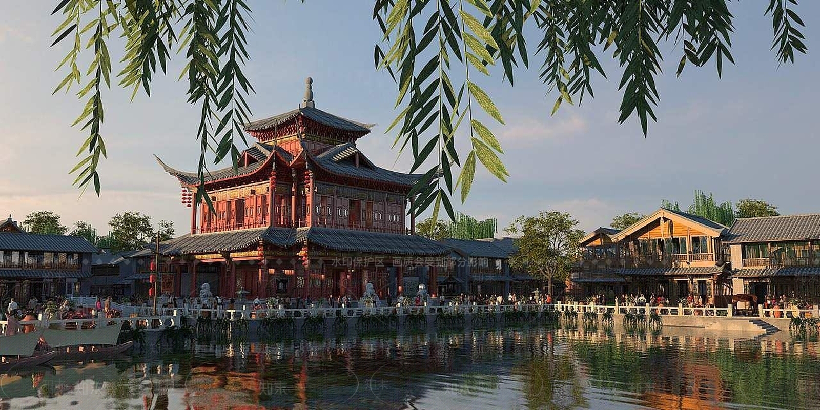 现代古建商业街六角楼3D模型下载【ID:1191212424】