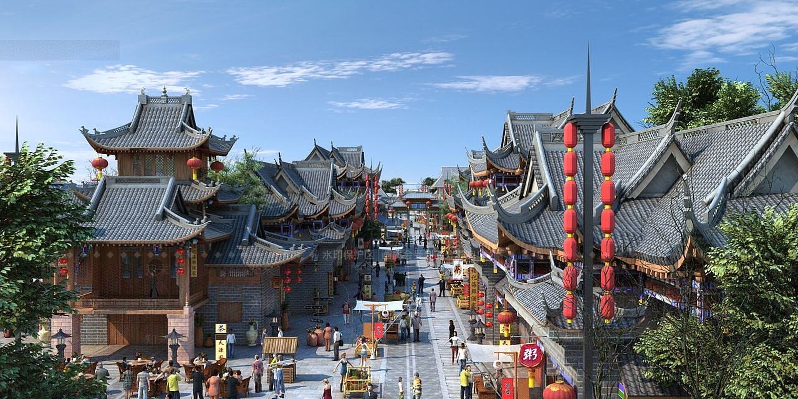现代古建3D模型渲染效果图