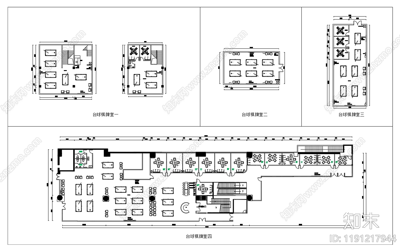 台球室平面图施工图下载【ID:1191217944】
