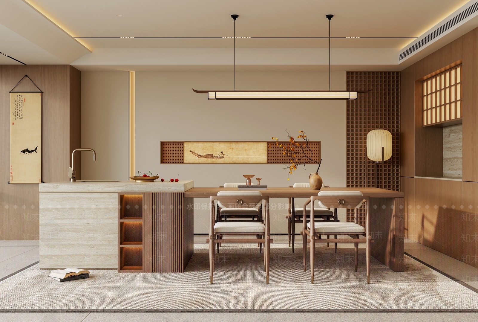 禅意新中式家居餐厅3D模型下载【ID:1191232671】