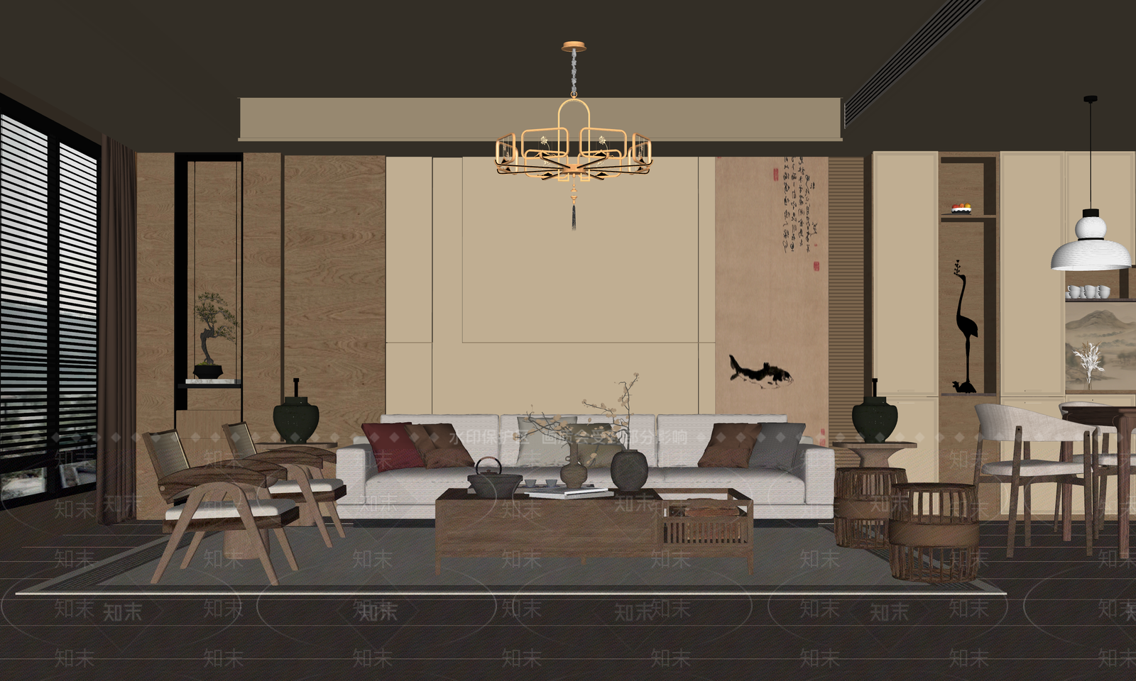 新中式客餐厅SU模型下载【ID:1191234372】