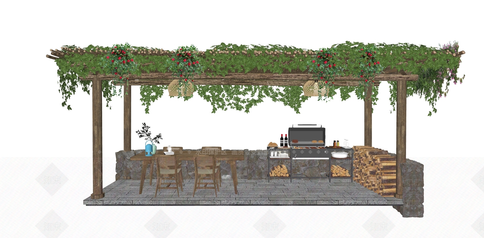 原木简约廊架SU模型下载【ID:1191248676】