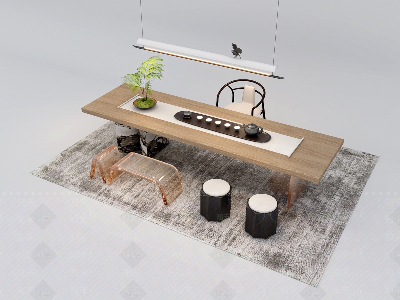 新中式现代茶桌椅3D模型下载【ID:1191252223】