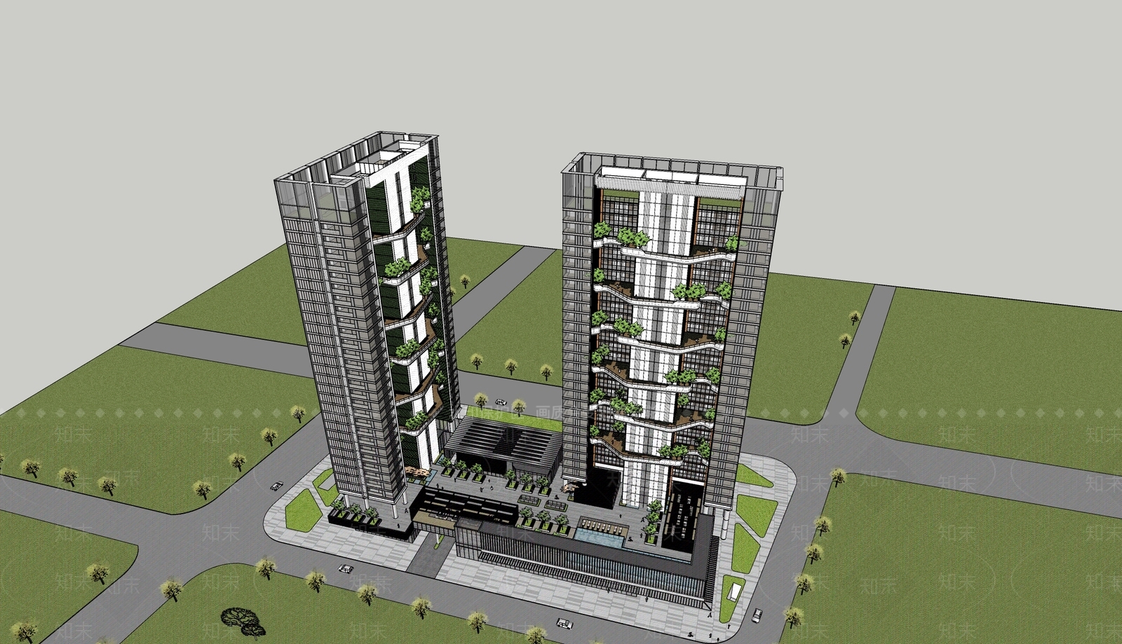 现代高层住宅SU模型下载【ID:1191290877】