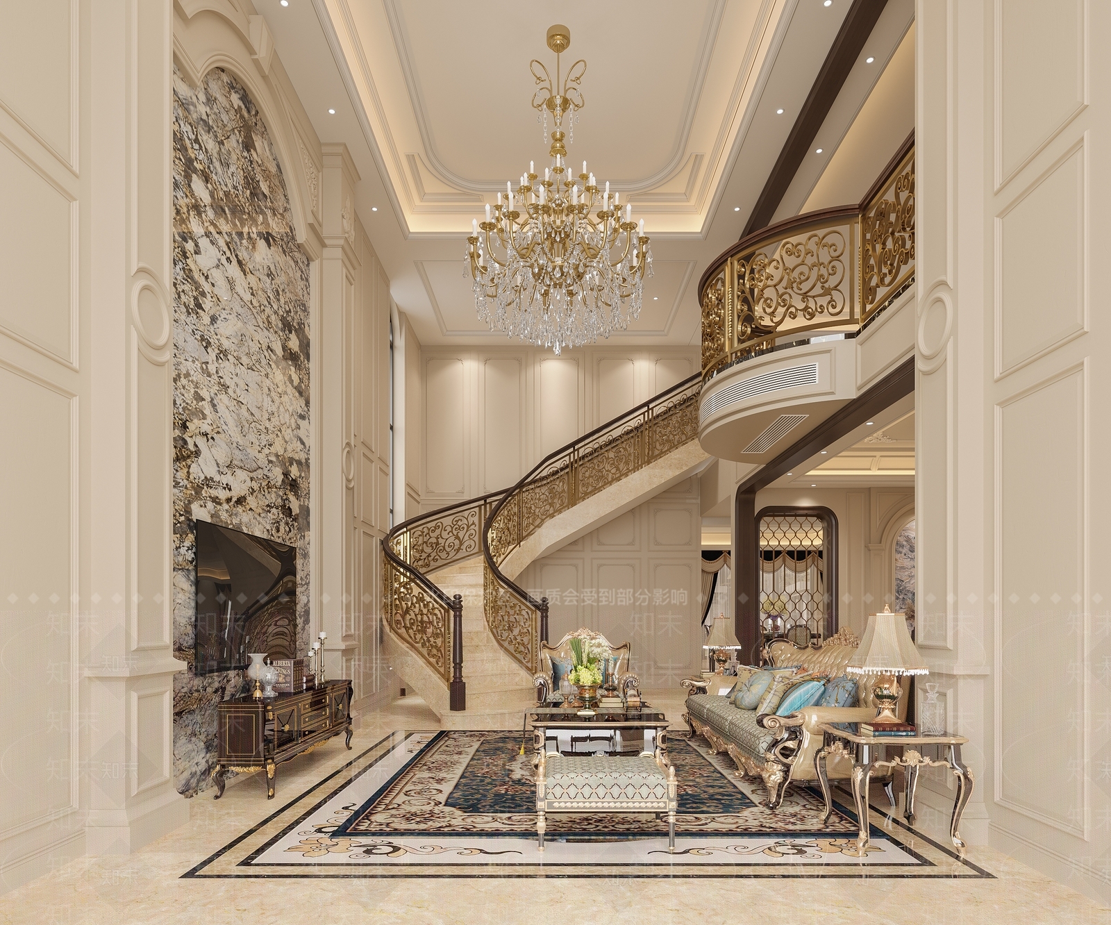 欧式轻奢别墅客厅3D模型下载【ID:1191301308】