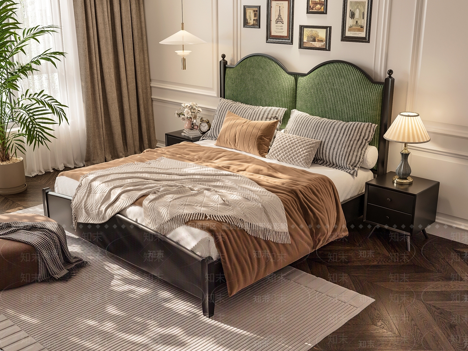 美式复古双人床3D模型下载【ID:1191303243】