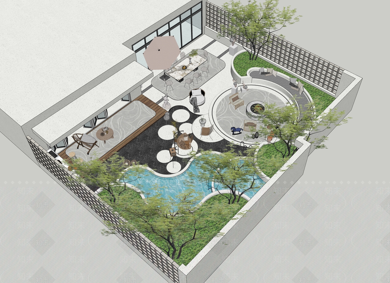 极简奶油别墅庭院SU模型下载【ID:1191305619】