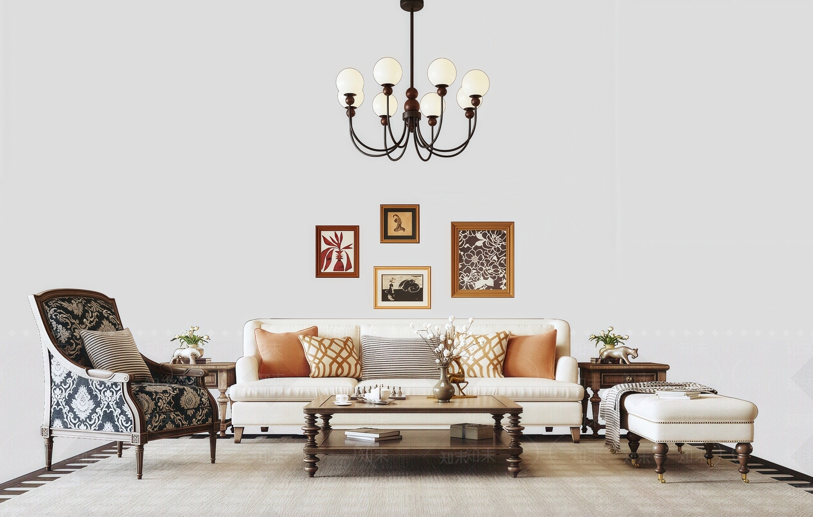 法式美式沙发组合3D模型下载【ID:1191311575】