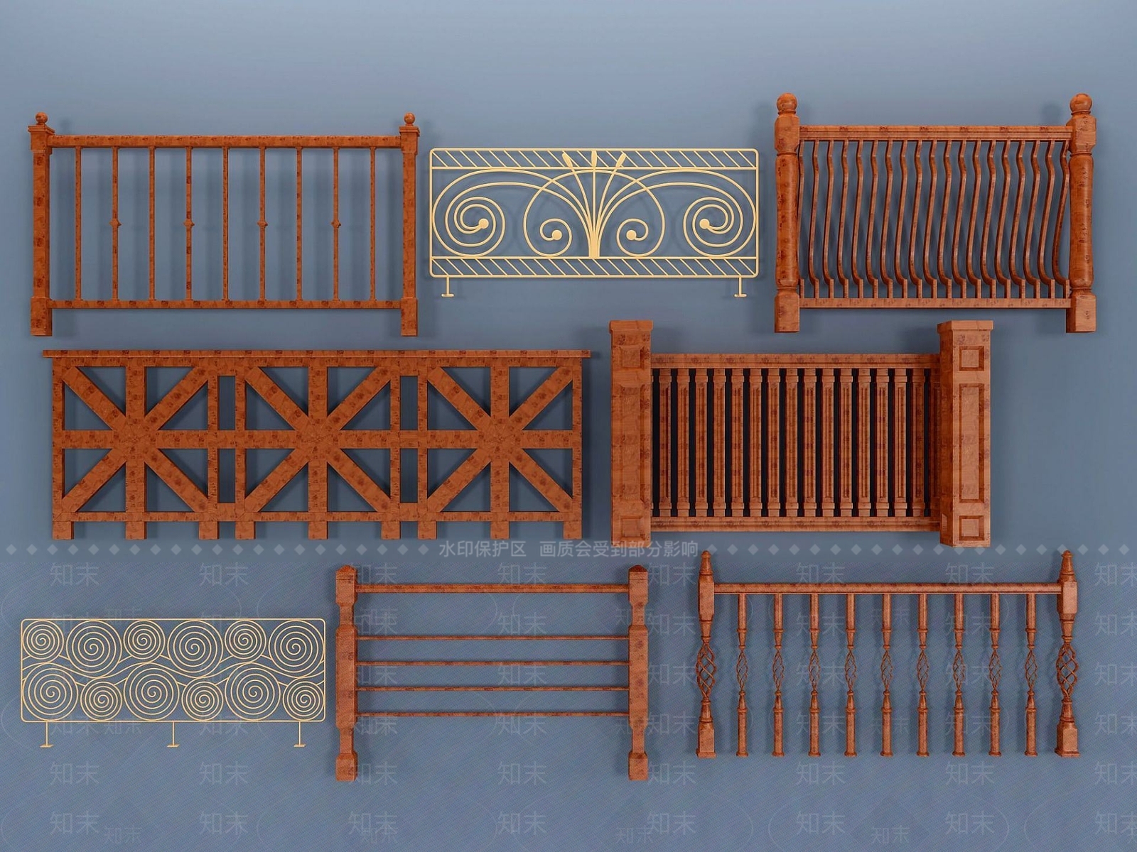 现代实木栏杆3D模型下载【ID:1191324486】