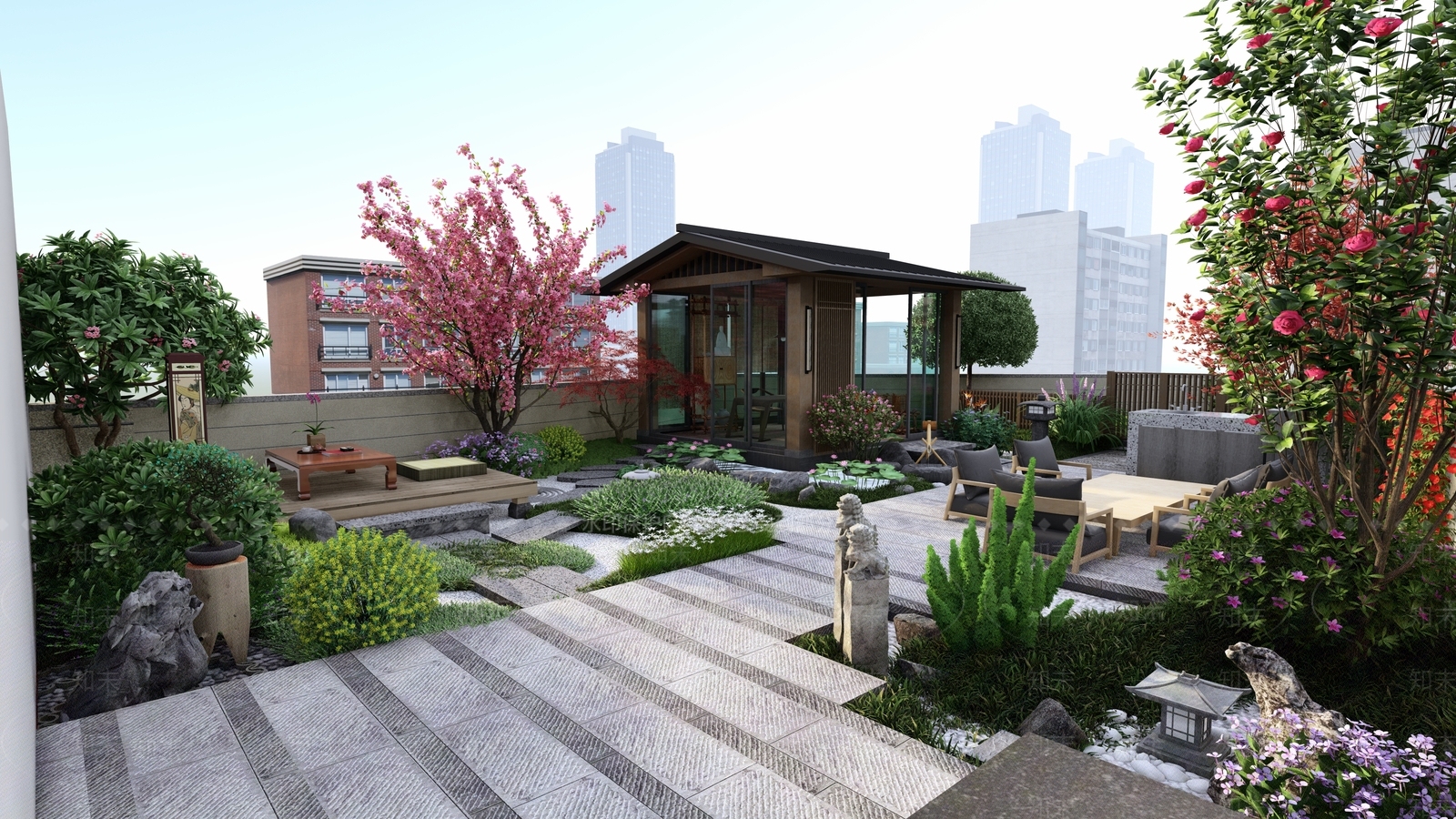 日式中式屋顶花园SU模型下载【ID:1191331342】