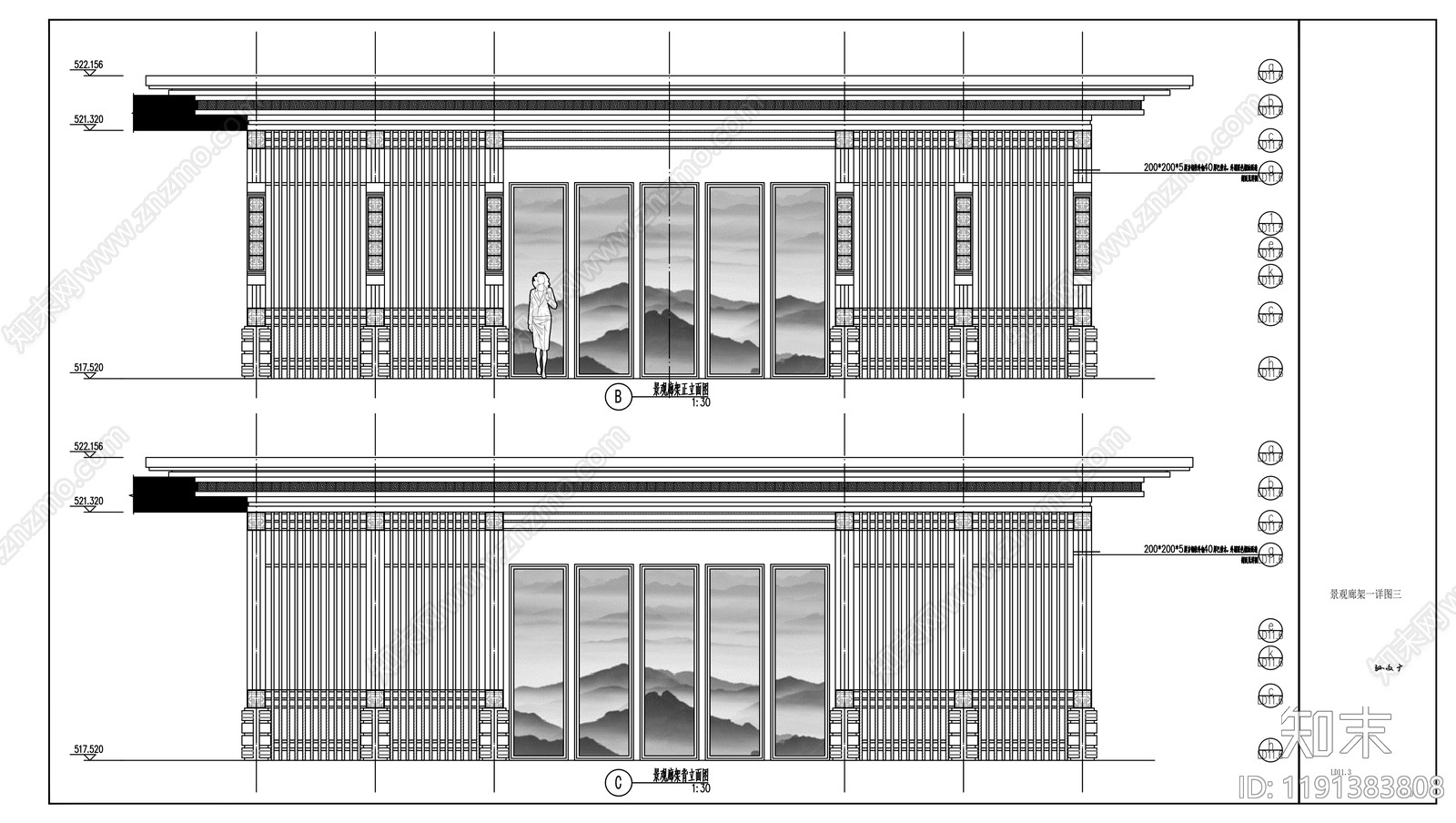 现代廊架cad施工图下载【ID:1191383808】