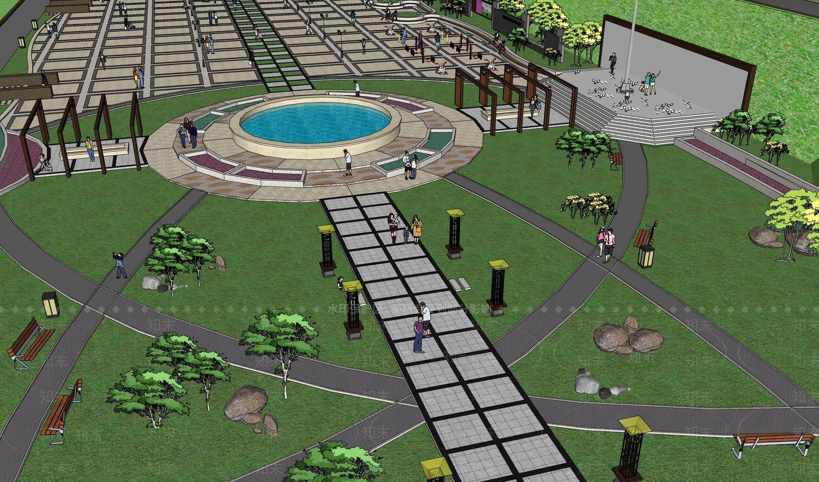 现代广场景观SU模型下载【ID:1191422348】