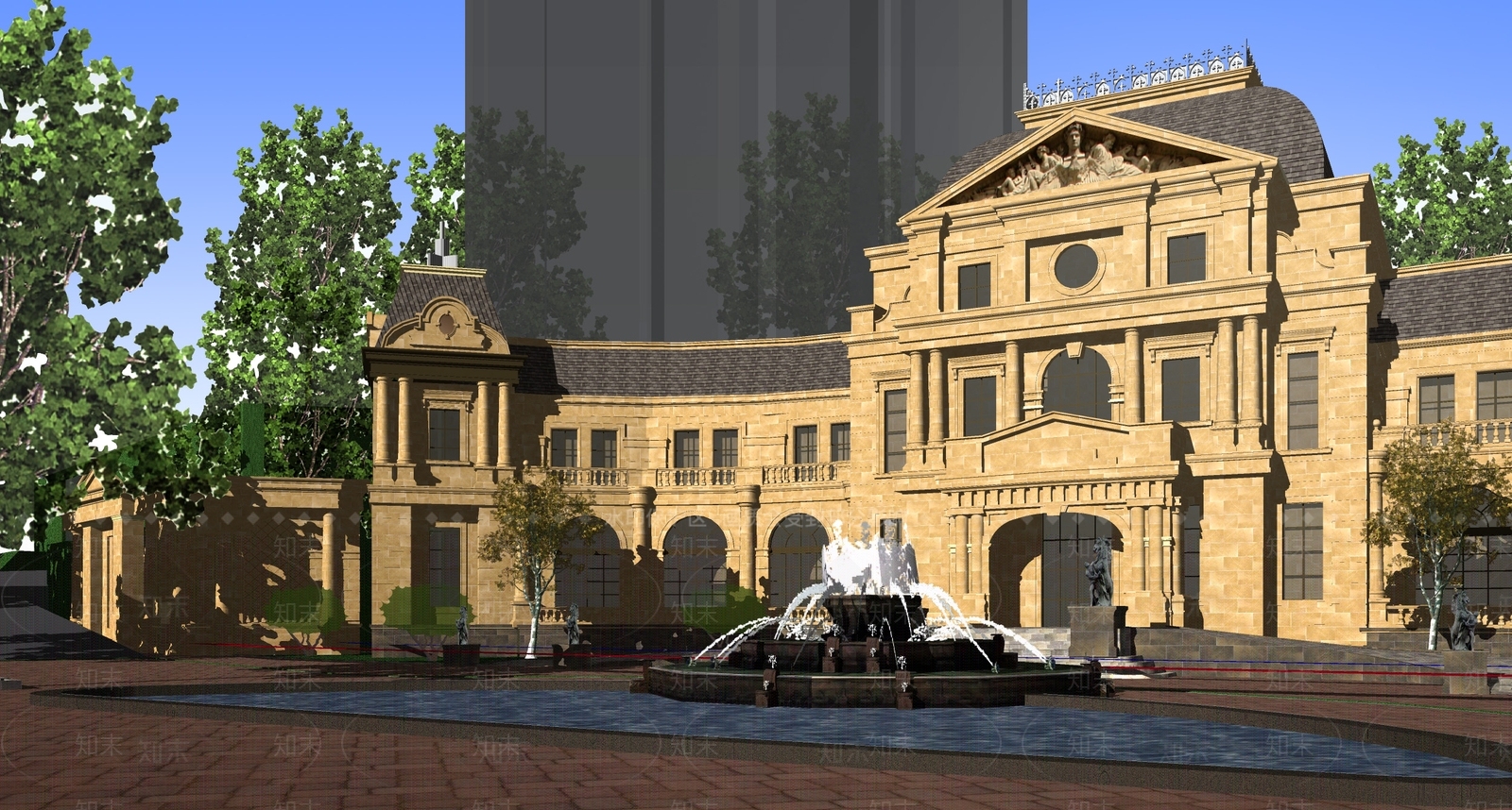 法式售楼处建筑SU模型下载【ID:1191423667】