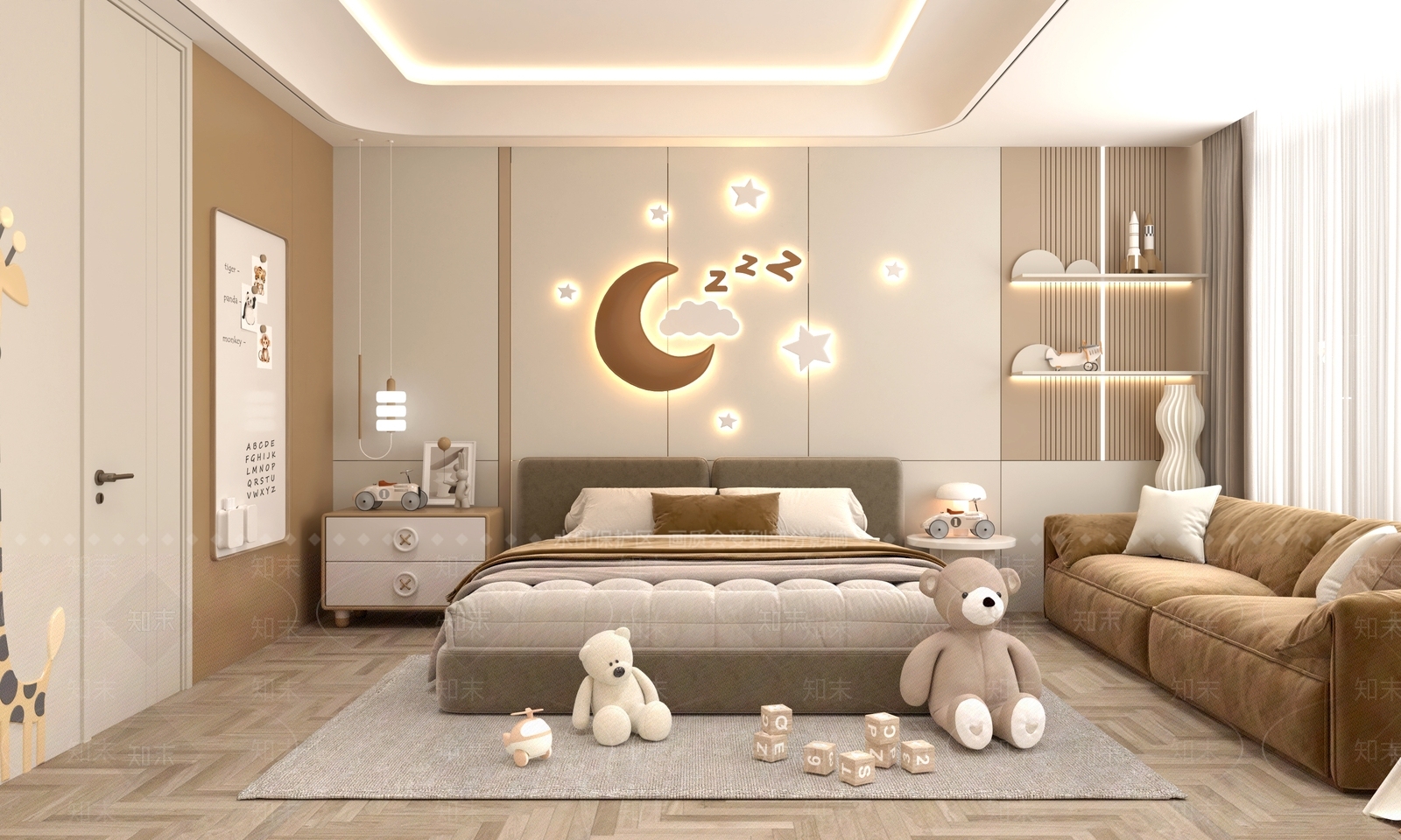 现代奶油通用儿童房3D模型下载【ID:1191475099】