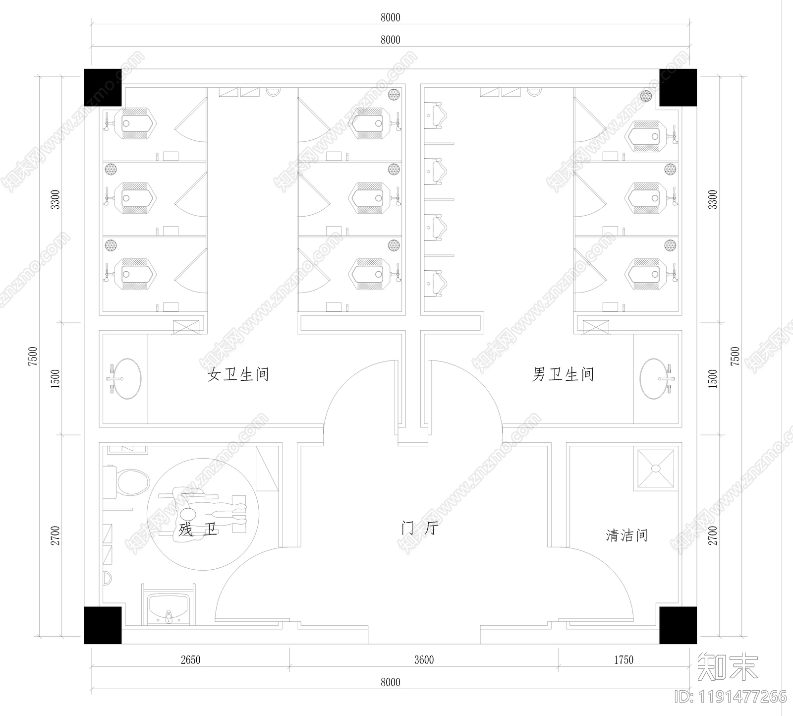 现代公共卫生间施工图下载【ID:1191477266】